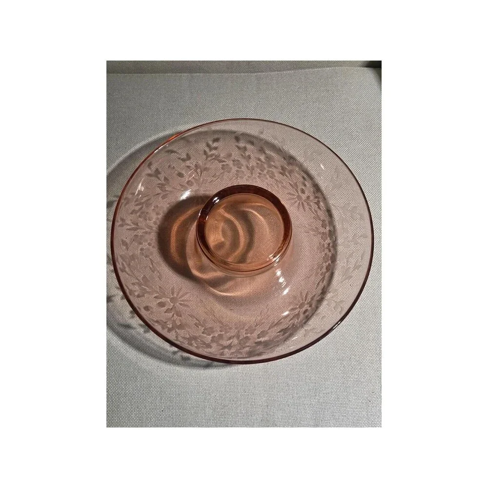 Vintage Pink Depression Glass Centerpiece Bowl Etched Floral Rolled Rim 12 in